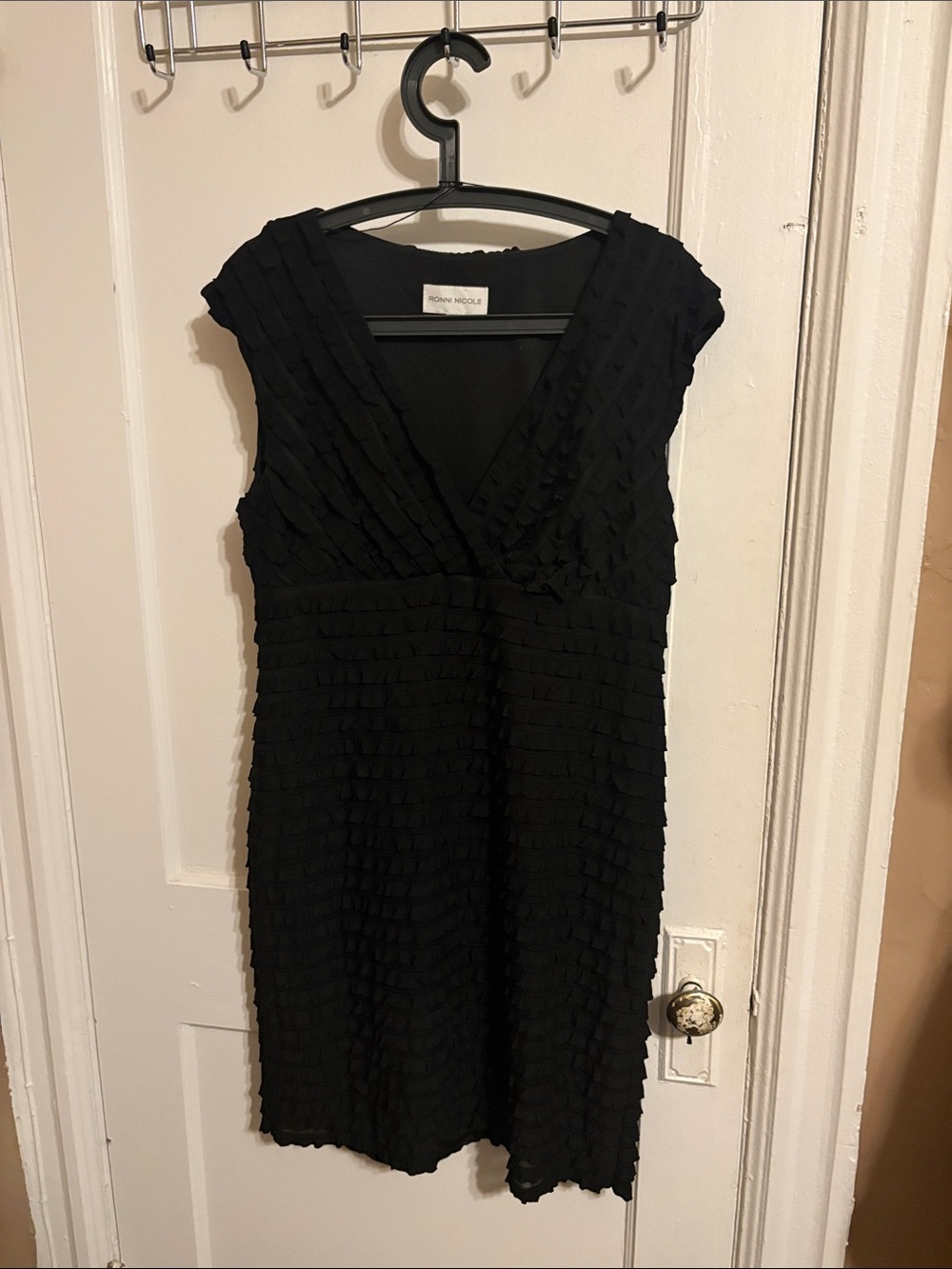 Ronni Nicole Black Tiered Ruffle V-Neck Cocktail Little Black Dress